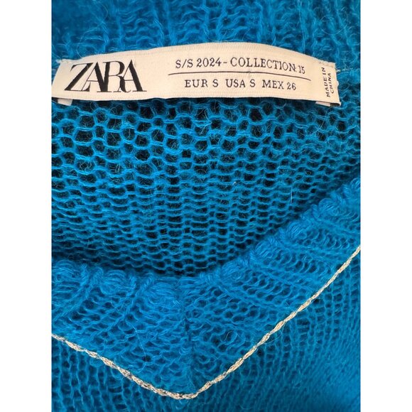 ZARA Small Open-Knit Sweater Sheer Teal/Blue Wool & Polyamide Blend - Picture 2 of 14